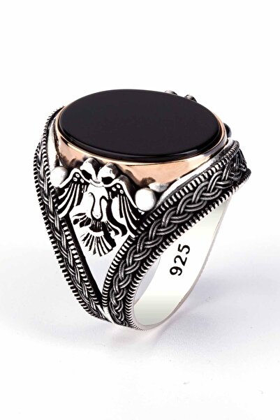 Anı Yüzük Erkek Selçuklu Çift Başlı Kartal Motifli Siyah Oniks Taşlı 925 Ayar...