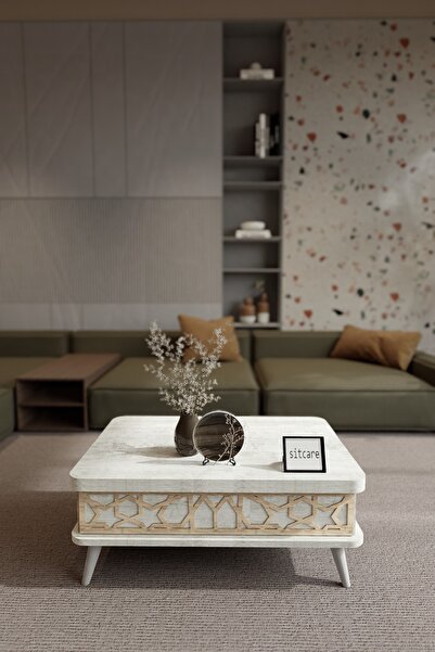 kolexonline Ottowa Akıllı Masa , Akıllı Sehpa Antik Beyaz Renk, 3 Kademeli Sehpa