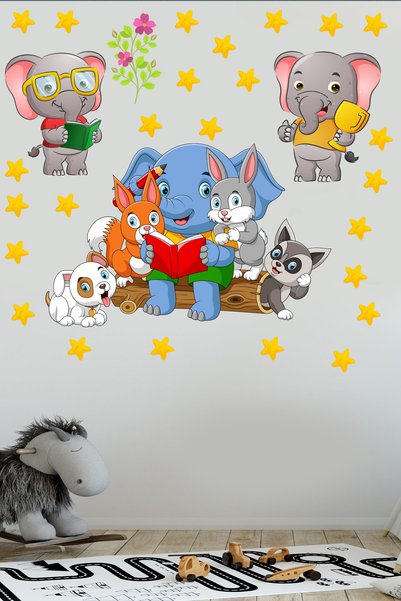 Echo Home Cute Forest Animals and Stars Reading Books Kindergarten Children's Room Wall Sticker