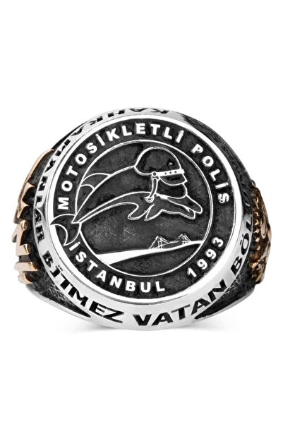 Anı Yüzük Erkek Yunus Motifli Motosikletli Polis Yüzüğü 925 Ayar Gümüş Osmanlı Armalı Türk Yazılı
