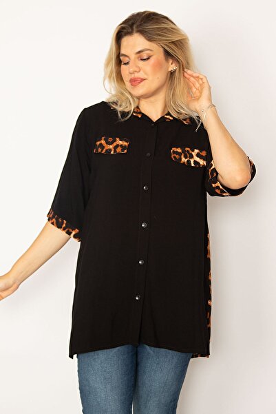 Şans Γυναικείο πουκάμισο από ύφασμα βισκόζης 65n34279 με γαρνιρισμένο μαύρο loopard μεγάλου μεγέθους