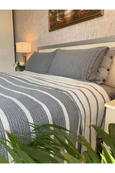 YASEMİNİNEVİ Gray/Anthracite Striped King Size Muslin Bedspread/Pique