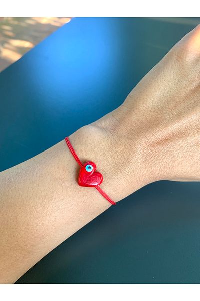 Atelier Çağla Evil Eye Beaded Murano Glass Red Heart Bracelet