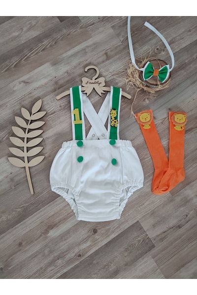 Feriatolye Safari Concept Boy's Birthday White Salopette 1 Year Old Cake Blast Costume