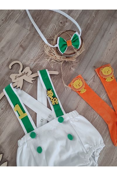 Feriatolye Safari Concept Boy's Birthday White Salopette 1 Year Old Cake Blast Costume