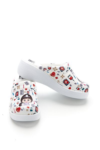 DRMOON Nurse Patterned Women's Wedge Sole Genuine Leather Sabo Slippers