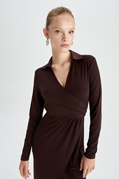 DeFacto Bodycon šaty s midi dlouhým rukávem s výstřihem do V