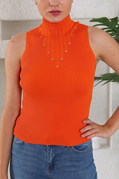 diaves Bluză de damă cu guler în V Stone Orange Knitwear - mânecă zero