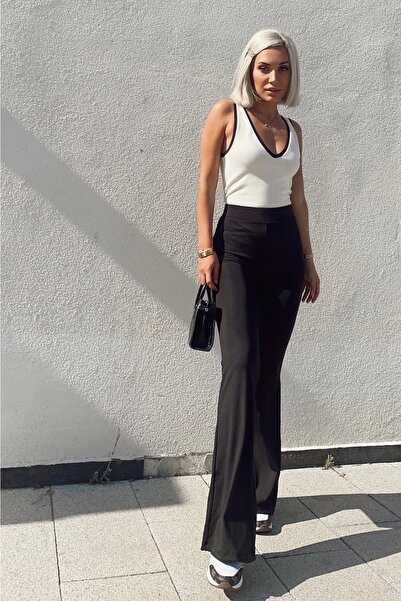 KaSheHa Kadın Siyah Ekstra Yüksek Bel Dalgıç Kumaş Ispanyol Paça Pantolon