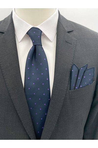 Brianze Navy Blue Purple Polka Dot Tie Handkerchief Set
