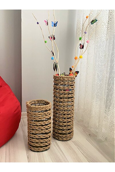 Asenya Hasır Örgü Vazo 2 Li Set 30 Cm Ve 60 Cm Çiçeklik Yapay Çiçek Vazosu De...