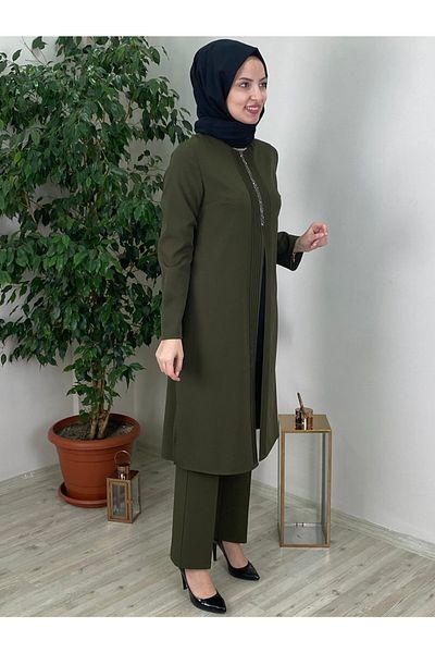 Fashion Showcase Set dublu cu detaliu din piatră cu nervuri Kaki Fsc2066
