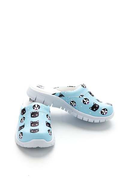 DRMOON Cat Patterned Women's Comfortflex Sole Genuine Leather Sabo Slippers