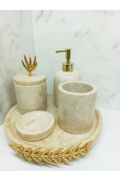 Modestmar Doğal Bej Mermer Gold Mercan Detaylı 5 Li Banyo Seti Takımı Zeytin ...