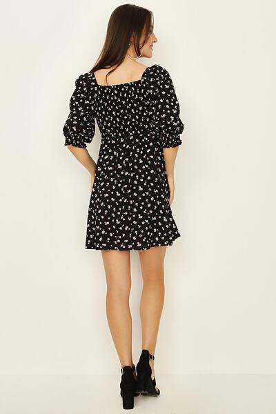 Select Moda Rochie mini de damă neagră cu imprimeu floral, cu guler pătrat