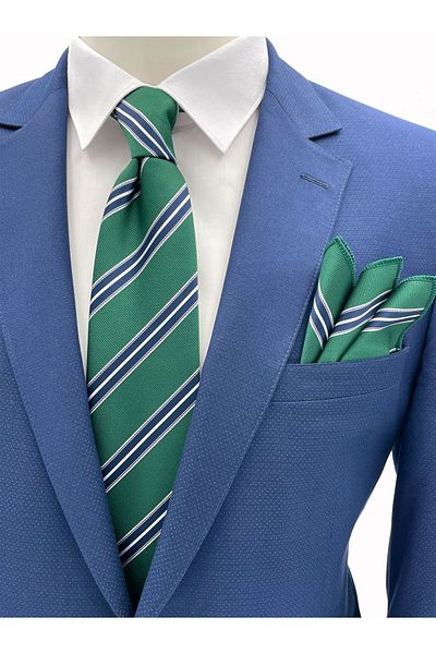 Brianze Green Navy Blue White Striped Tie Handkerchief Set