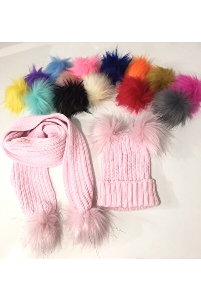 Ye Kürküm Ye Set de beretă și eșarfă cu pompon roz pentru fetiță