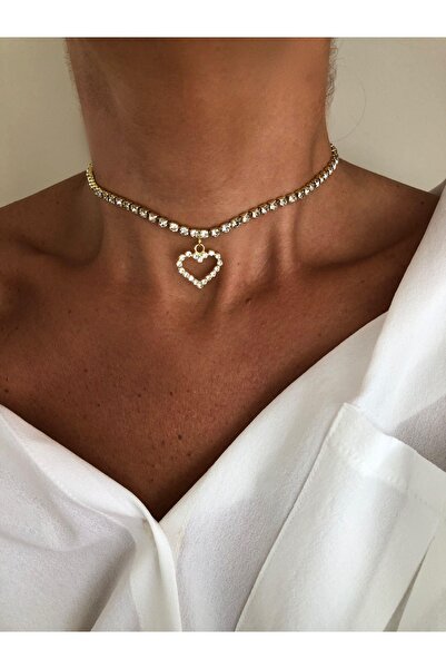 Rossetto Atelier Rs Zircon Stone Heart Detailed Waterway Gold Choker Necklace