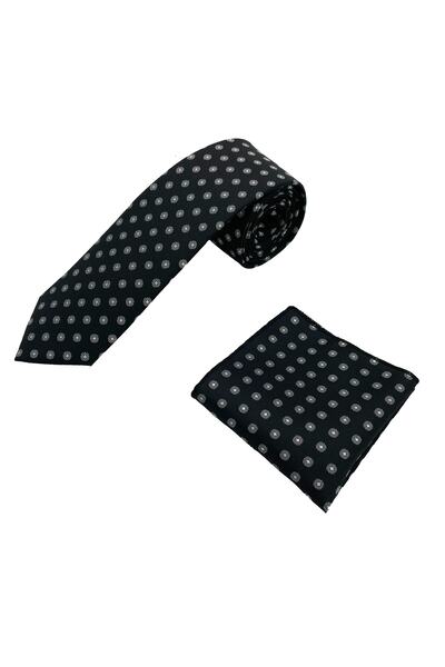 Brianze Комплект черно-бяла шарена вратовръзка и носна кърпичка