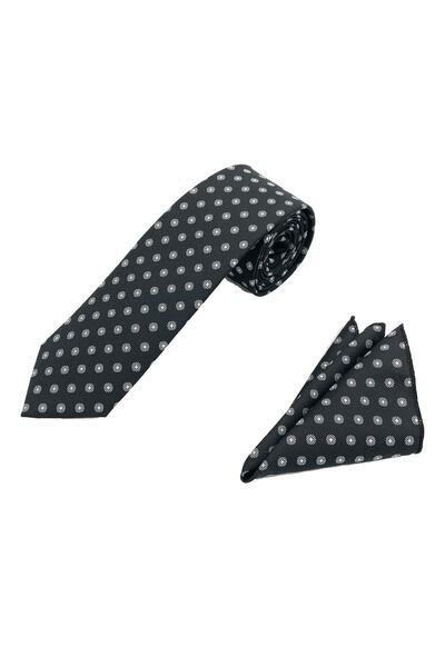 Brianze Комплект черно-бяла шарена вратовръзка и носна кърпичка