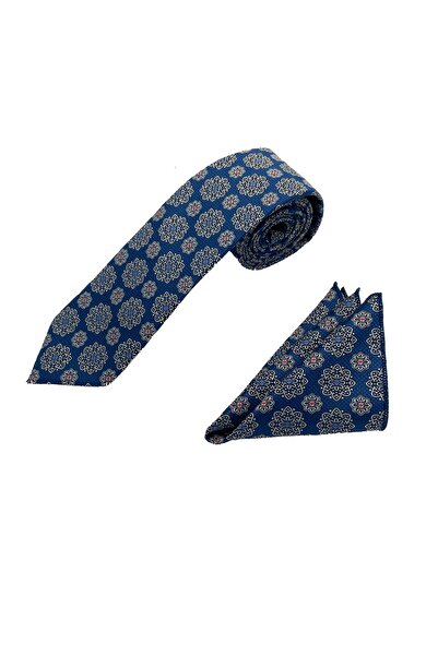 Brianze Navy Blue Geometric Pattern Tie Handkerchief Set