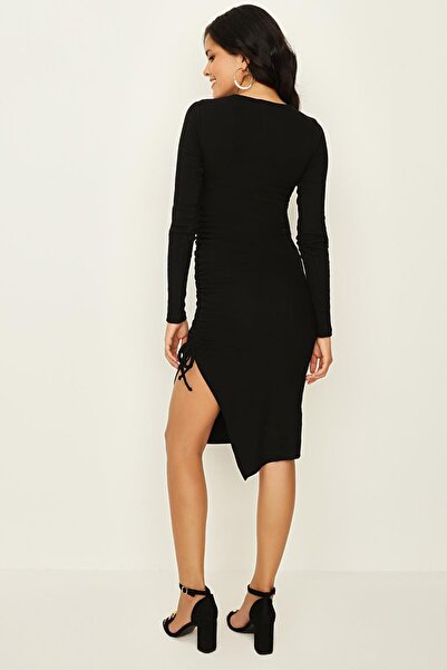 Select Moda Rochie tricotată bodycone, neagră, cu decolteu rotund