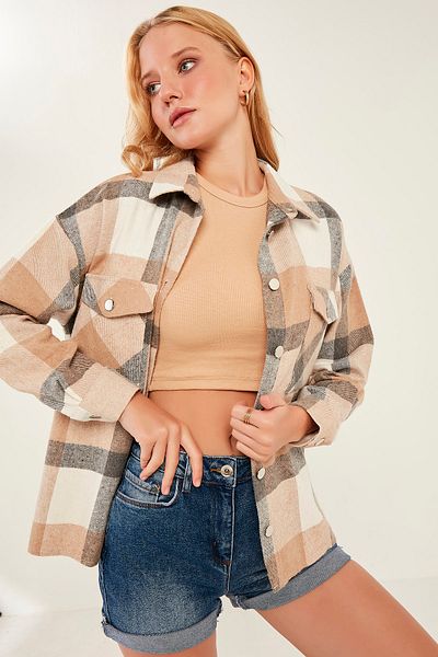 MEECY Дамска риза Lumberjack с джобове и каре в кафе