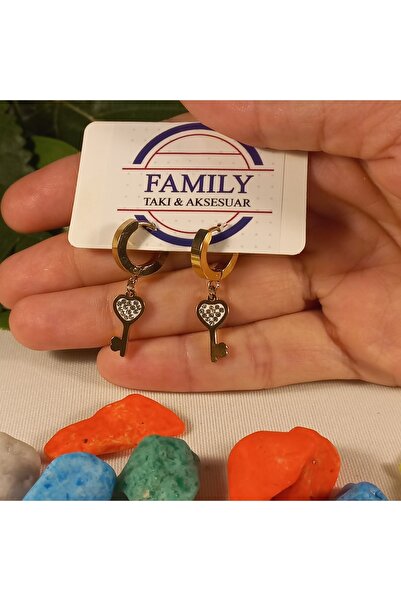 FAMİLY Zirkon Taşlı Anahtar Temalı Halka Gold Renk Çelik Küpe
