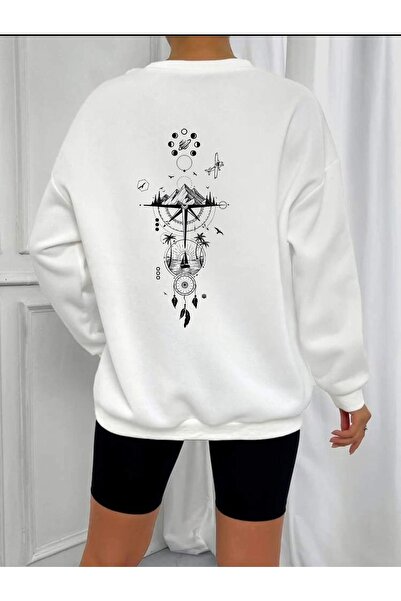 LOUİSA Огромна бяла суитшърт с принт на компас