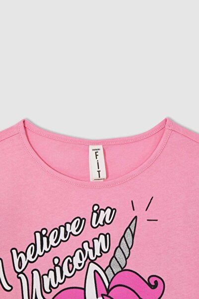 DeFacto Girl's Fit Regular Fit Unicorn Printed Short Sleeve Pajama Set