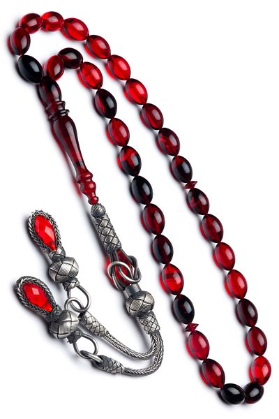 OTTOTESBİH Barley Cut Red Fire Amber Rosary with Silver Kazaz Tassels