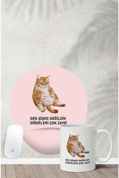 Gizeo Concept Sen Şişko Değilsin Diğerleri Çok Zayıf Desenli Bilek Destekli Mouse Pad Kupa Seti