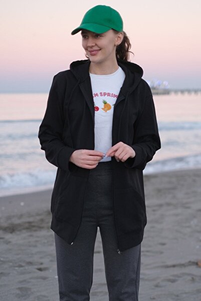 Berika Mila Siyah Kadın Fermuarlı Kapüşonlu Oversize & Bol Kesim Sweatshirt