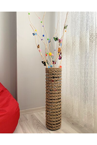 Asenya Hasır Örgü Vazo 60 cm Yapay Çiçek Vazosu Çiçeklik Dekoratif Saksı Deko...