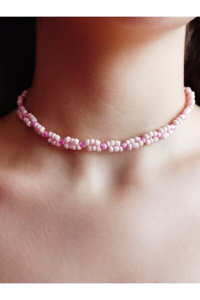 Sedefli Pembe Ve Krem Kum Boncuklu Örme Choker Kolye