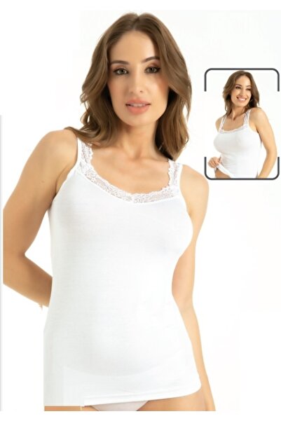 by İGP Tricou de damă alb din bambus, cu bretele groase, reversibil, cu dantelă