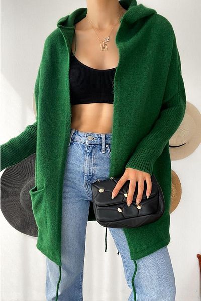 FEMELLE Cardigan de damă, verde, cu mânecă liliac, cu buzunar dublu, cu glugă, largi, supradimensionat, mărime standard