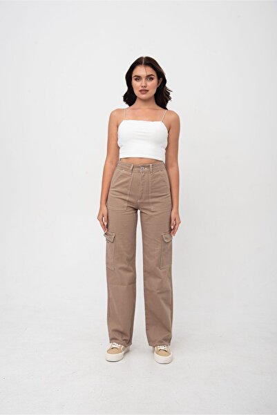 Darkly Jeans Beige Super High Waist Contrast Cargo Straight Fit Jean Trousers