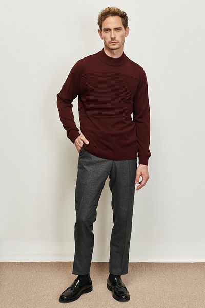 AC&Co / Altınyıldız Classics Men's Claret Red Non-Pilling Standard Fit Normal Cut Half Turtleneck Stripe Textured Knitwear Sweater