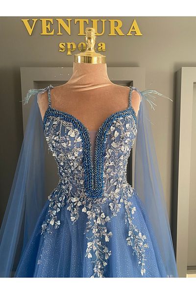 VENTURA SPOZA Ventura Indigo Colored Engagement-Evening Dress with Cape Detail on the Shoulder and Intense Embroidery on the Front