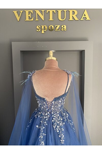 VENTURA SPOZA Ventura Indigo Renginde Omuzdan Pelerin Detaylı Ön Kısmı Yoğun Nakışlı Nişanlık-abiye