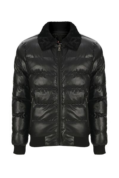 Oliggopol Ανδρικό μαύρο γούνινο γιακά Slim Fit Puffer Δερμάτινο μπουφάν & παλτό