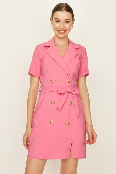 Select Moda Γυναικείο φόρεμα με ροζ κουμπιά με λεπτομέρεια με ζώνη