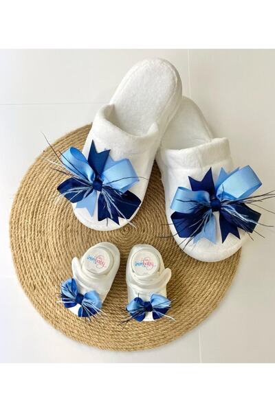 irembaby Anne Bebek Lohusa Seti Lacivert Mavi Tüylü Terlik Ve Bebek Ayakkabıs...