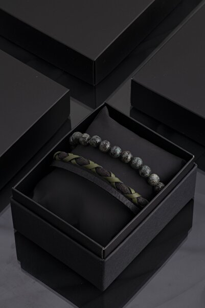 Sortie Aksesuar Hakiki Deri Ve Hematit Doğal Taş Erkek Kombin Bileklik Seti 025