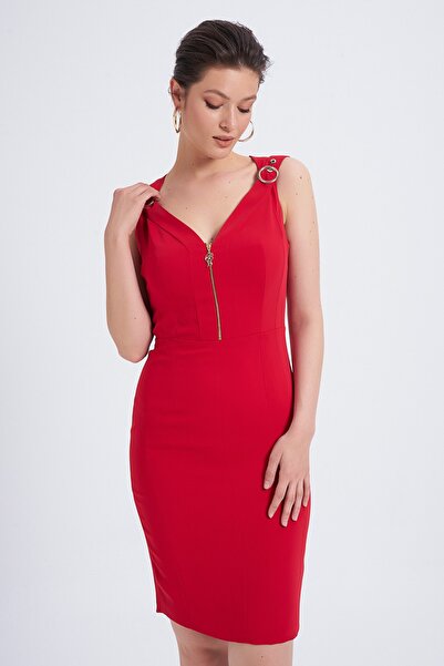 Balizza Önden Yarım Fermuarlı Omuz Askısı Toka Detaylı Elbise