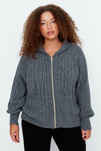 Trendyol Curve Antracit kapucnis cipzáras kötöttáru kardigán TBBAW23AV00051