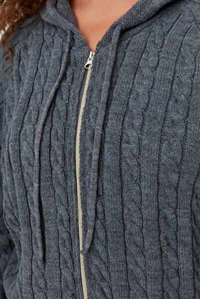 Trendyol Curve Antracit kapucnis cipzáras kötöttáru kardigán TBBAW23AV00051