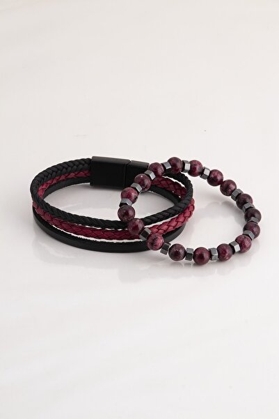 Sortie Aksesuar Hakiki Deri Ve Doğal Taş Erkek Kombin Bileklik Seti 038