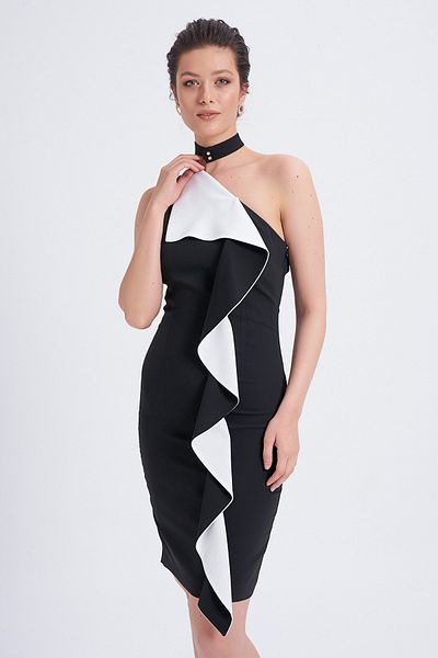 Balizza Blz-front Frill Detailed One Shoulder Dress